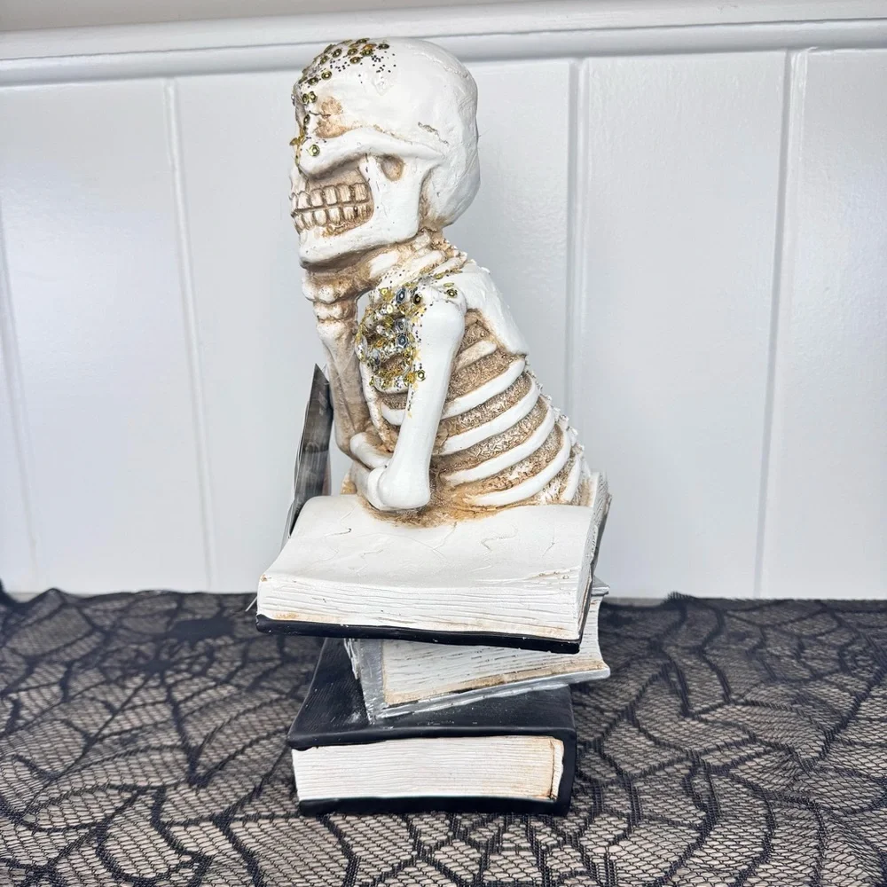 NEW Midnight Manor Light Up Skeleton on Spell Books Halloween Figurine